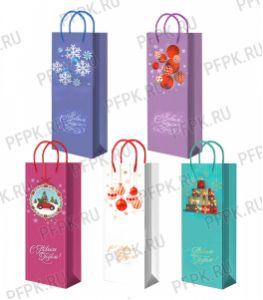 НГ сумочка бумажная под бутылку 12х36х8 МЕГА (B) B25-436/437/438/439/440 (Шары, Снежинки) [10/200]