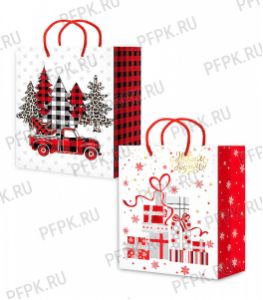НГ сумочка бумажная 11х13х6 МЕГА (S) S25-111/112 (Елочки, Подарки) [10/200]