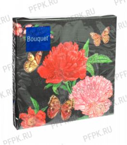 Салфетки бум. BOUQUET 33х33, 3-сл.,с рис. (20 листов) Роскошные пионы на черном [12/12]
