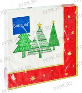 Салфетки НГ бум. BOUQUET 33х33, 3-сл.,с рис. (20 листов) Новогодние ели в красной рамке с золотом [12/12]