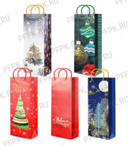 НГ сумочка бумажная под бутылку 12х36х100 МЕГА (BР) BР25- 4011/4012/4013/4014/4015 (Елочки, Шары) [10/200]