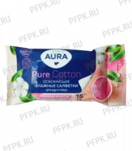 Салфетки влажн. ЧЗ AURA PURE COTTON (уп. 15 шт.) Освежающие Хлопок и алоэ вера/ Хлопок и матча [1/36]